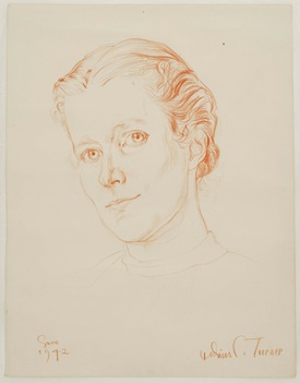 Sammlung Elsbeth Kasser, Rötelzeichnung, signiert: Gurs 1942 Julius C. Turner, Portrait Elsbeth Kasser mit dem Blick auf den Betrachter