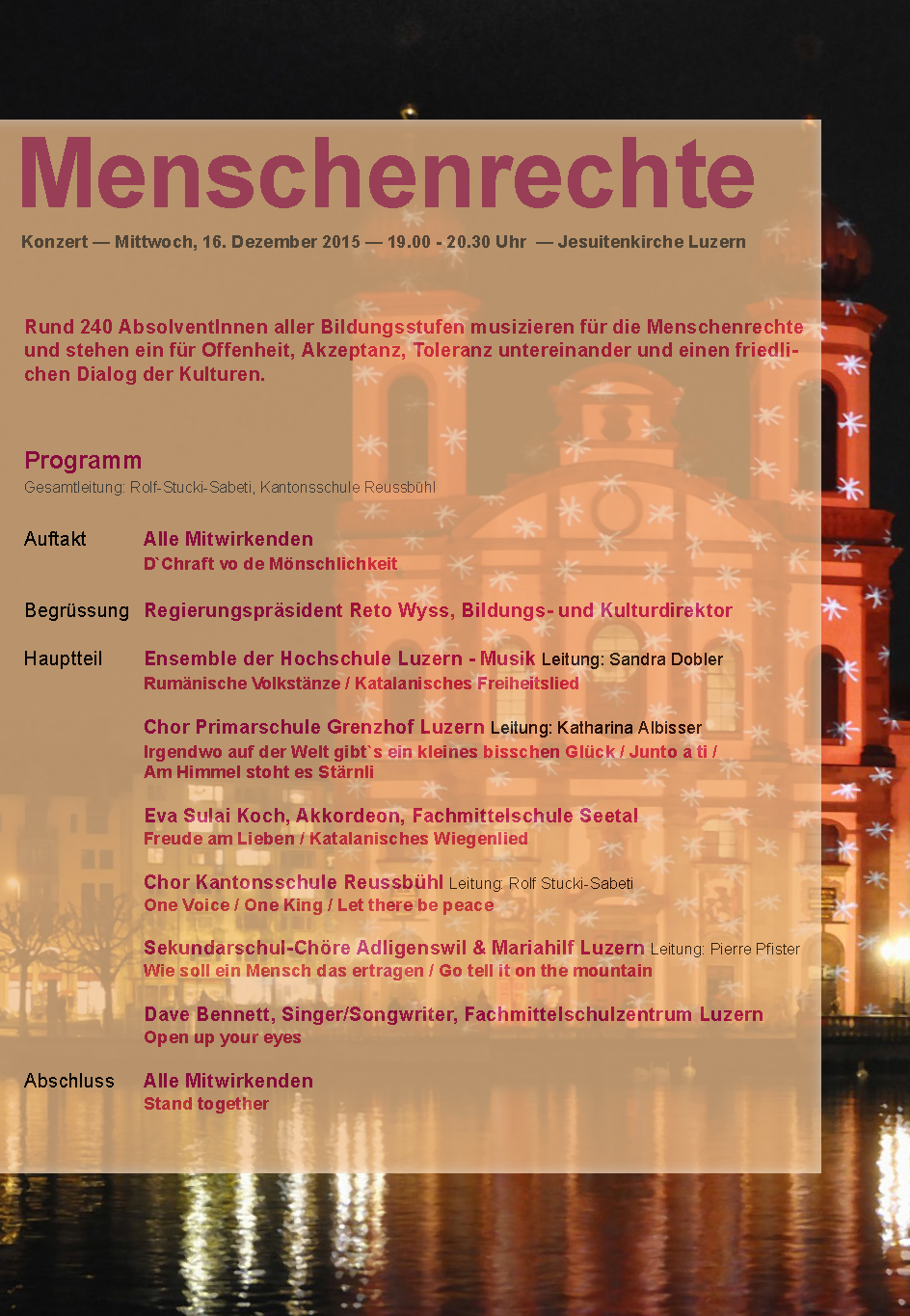 Flyer Konzert für Menschenrechte am 16. Dezember 2015, Jesuitenkirche Luzern